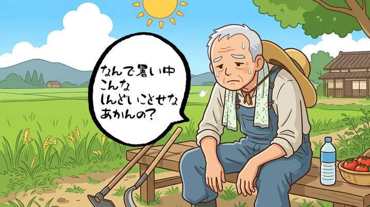炎天下の草刈りに疲れる農家